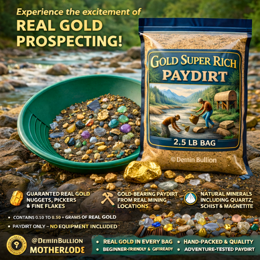 Gold Super Rich Paydirt 2.5 lb bag with green gold pan and real gold prospecting scene