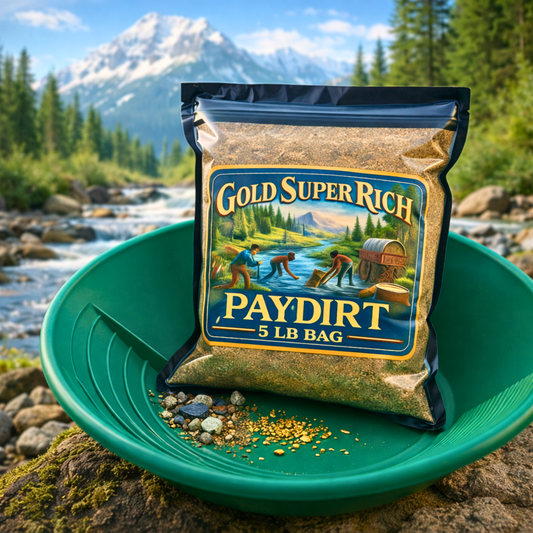 Gold Super Rich Paydirt 5 lb bag with green gold pan and real gold flakes in mountain stream