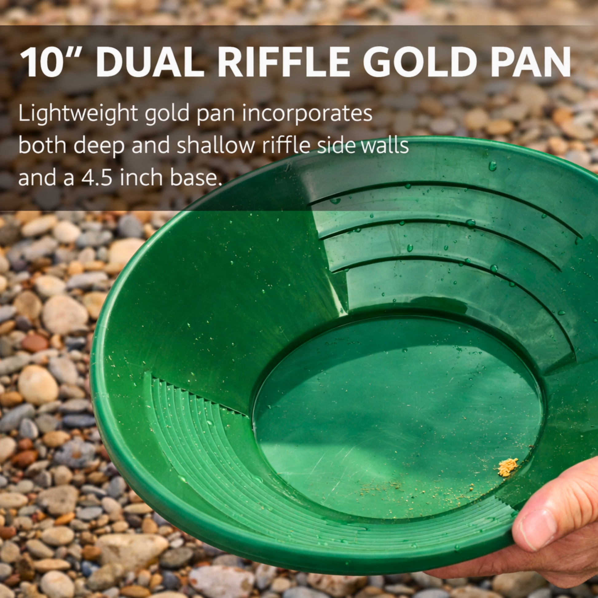 10 inch dual riffle gold pan designed for fine gold recovery in river gravel