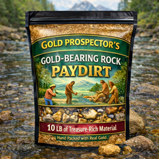 10 lb gold-bearing rock paydirt bag staged in natural mining environment