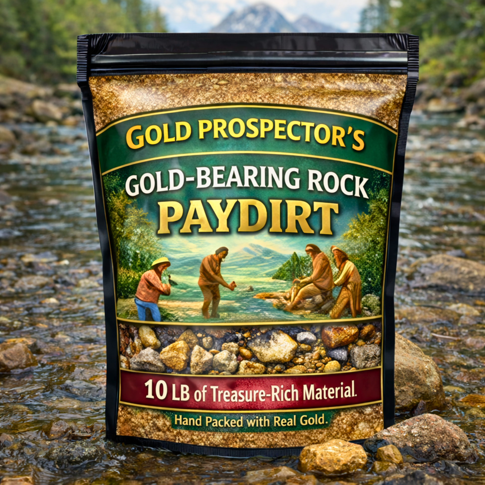 10 lb gold-bearing rock paydirt bag staged in natural mining environment