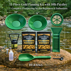 11-piece gold prospecting kit layout showing pans, classifier and 10 lb paydirt