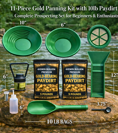 11-piece gold prospecting kit layout showing pans, classifier and 10 lb paydirt