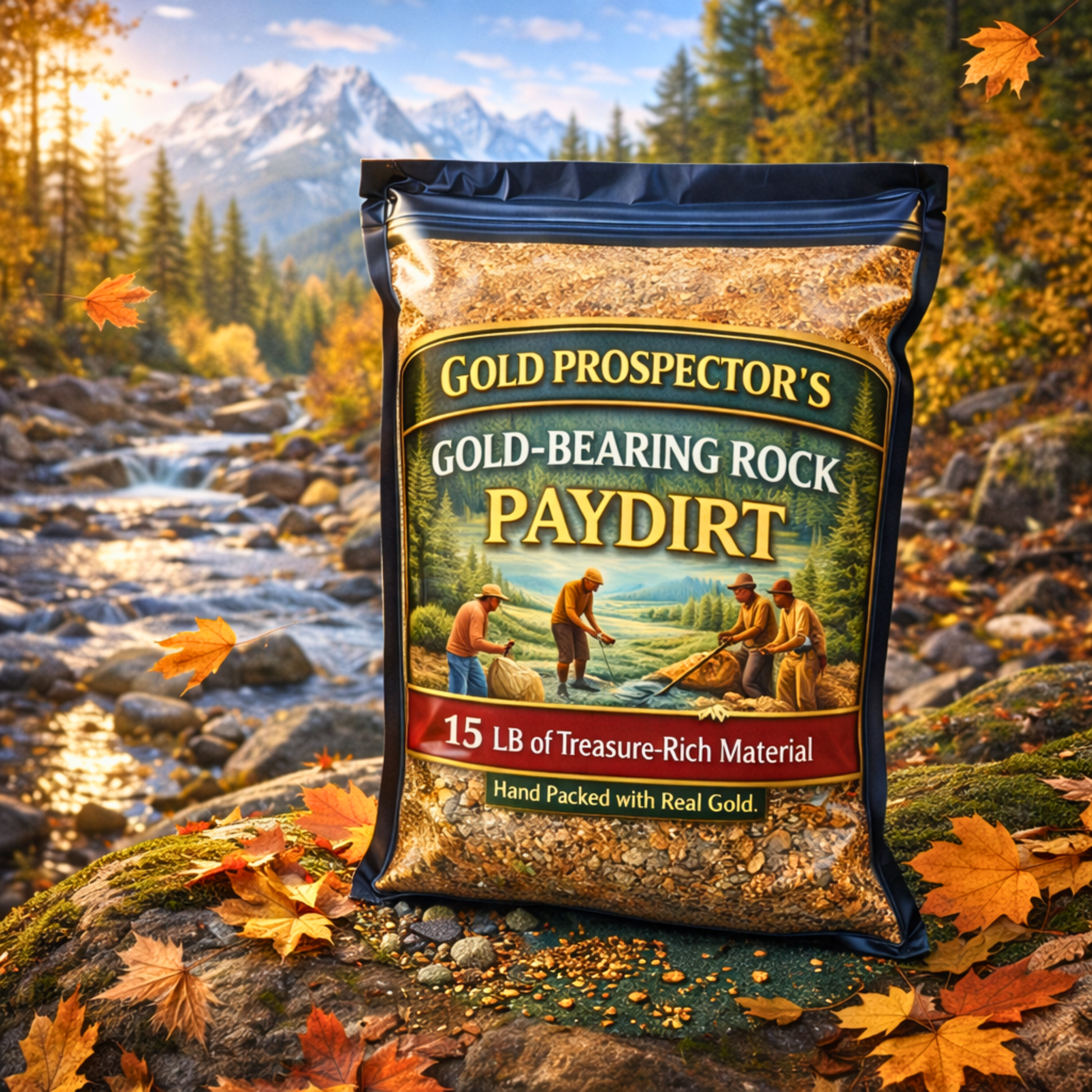 15 lb gold-bearing rock paydirt bag displayed beside mountain stream in fall landscape