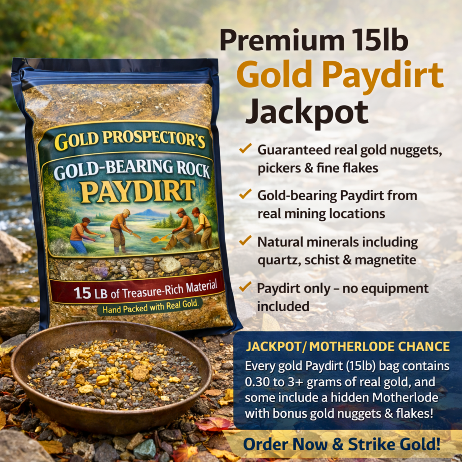 15 lb gold-bearing rock paydirt bag displayed beside mountain stream in fall landscape by Demin Bullion