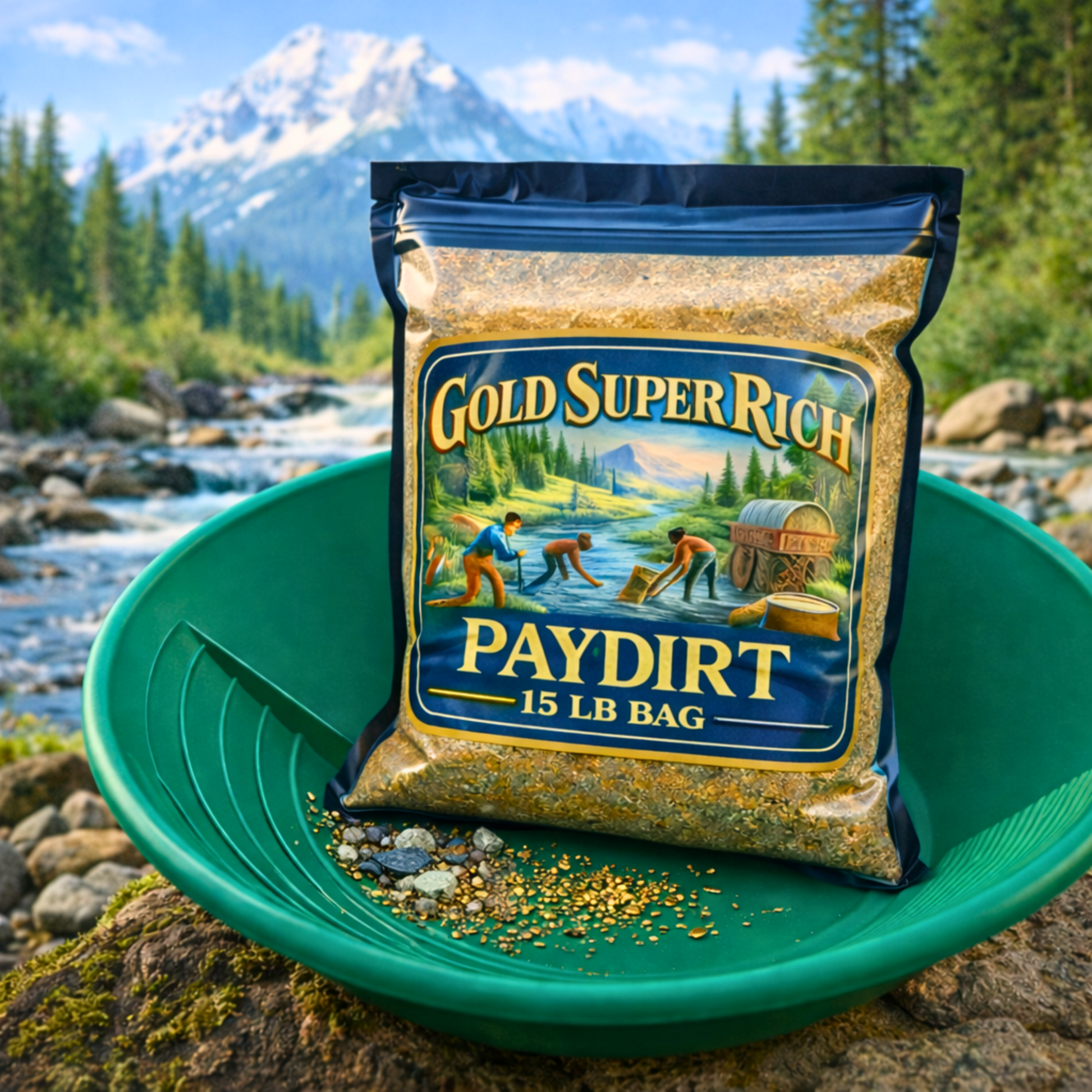15 lb gold paydirt product with pan staged at scenic alpine river location