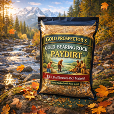 15 lb gold paydirt product with pan staged at scenic alpine river location By Demin Bullion