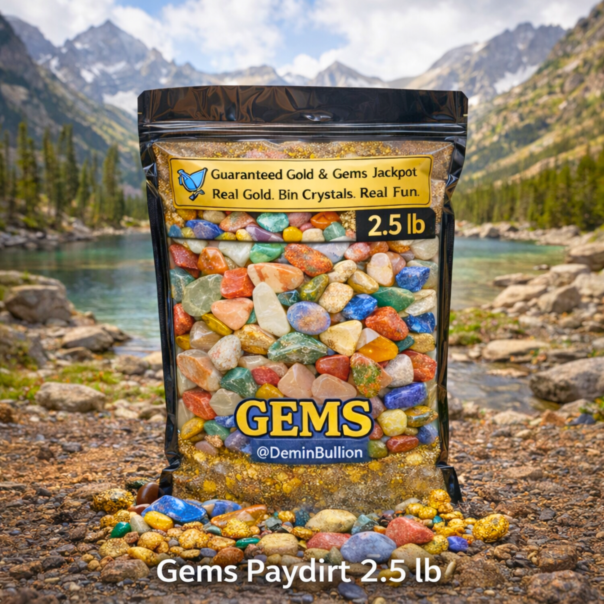 2.5 lb gold and gems paydirt package staged in outdoor creek environment