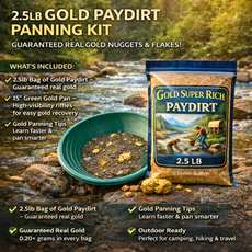 2.5 lb gold paydirt panning kit with green gold pan and guaranteed real gold flakes