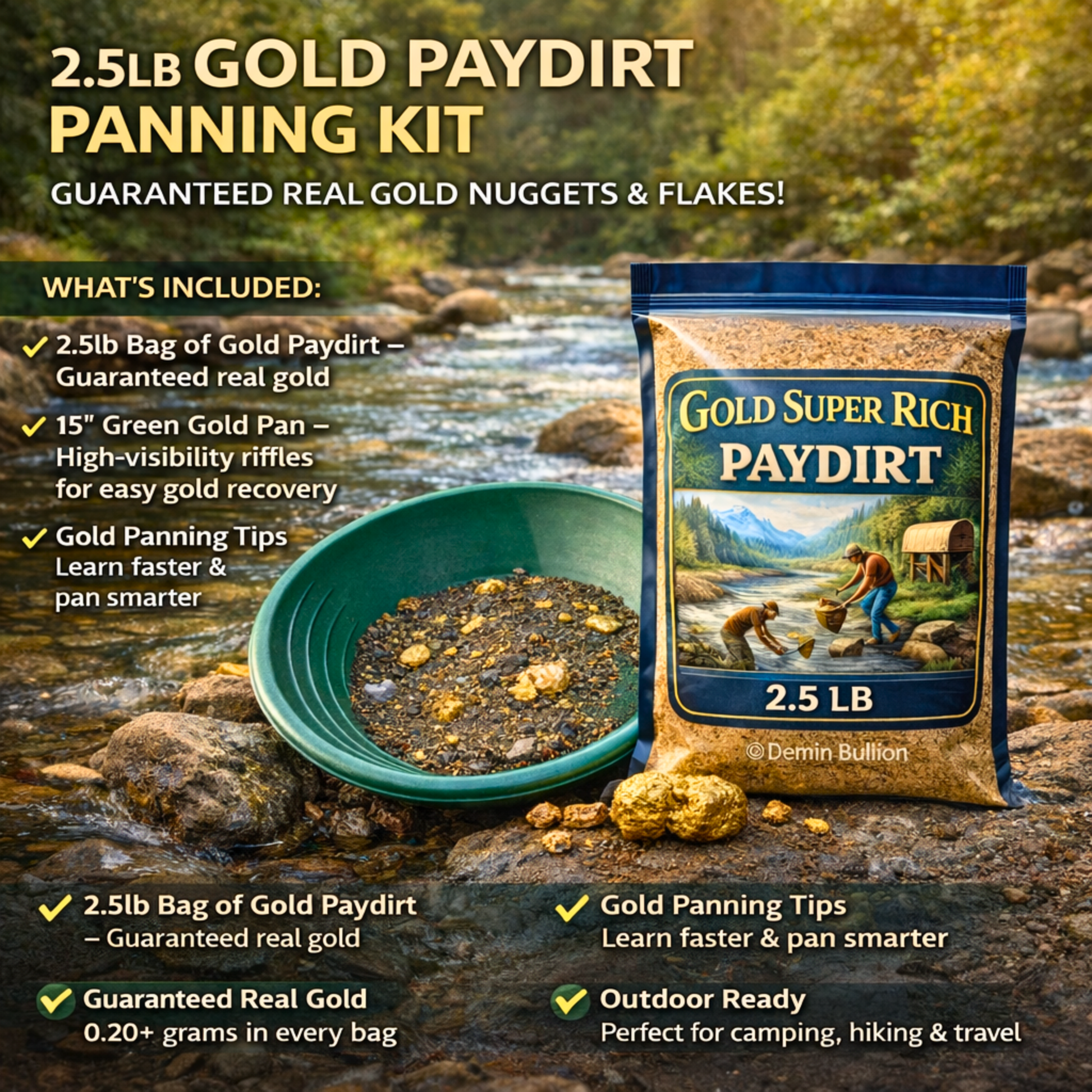 2.5 lb gold paydirt panning kit with green gold pan and guaranteed real gold flakes