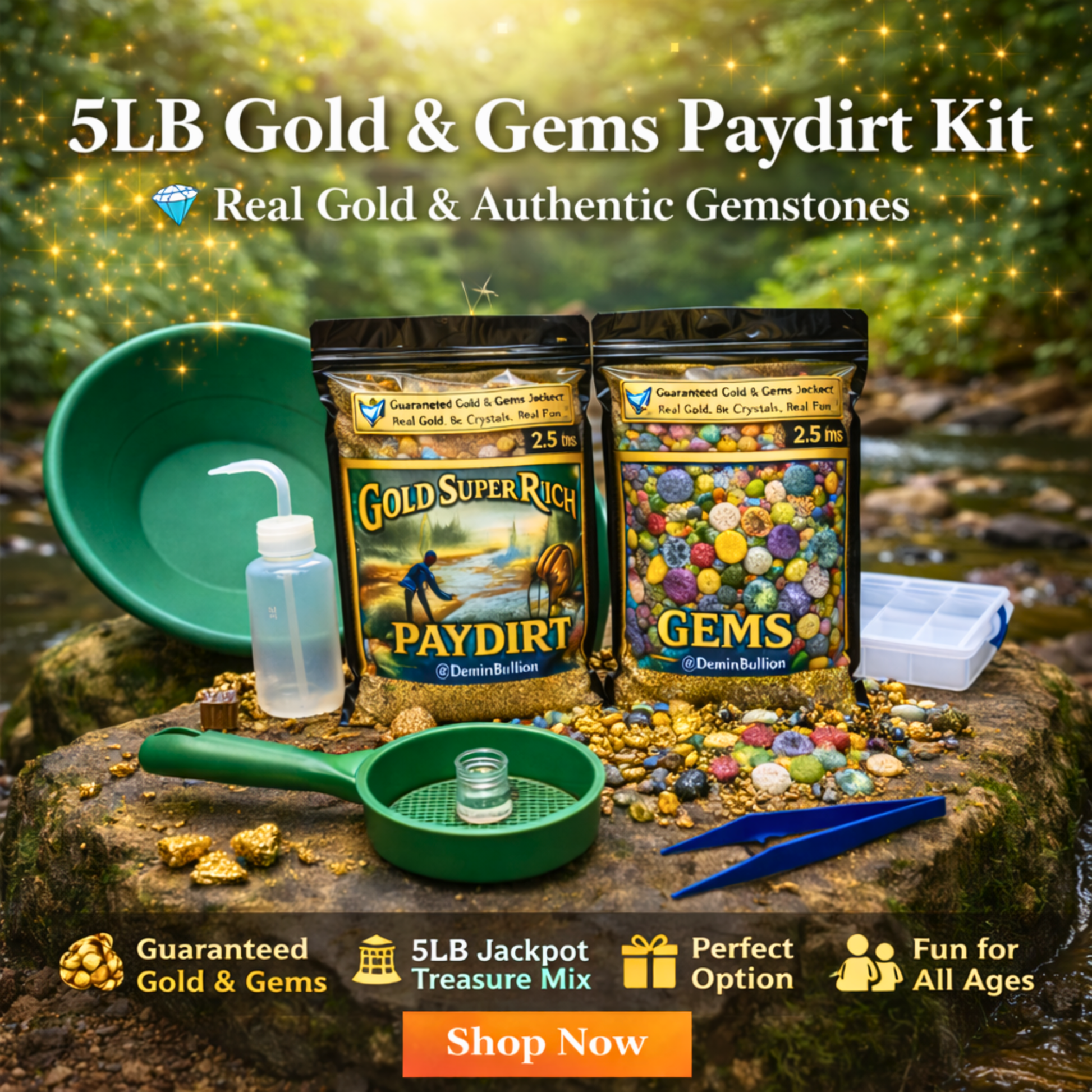 5 lb gold and gems paydirt kit with real gold flakes and authentic gemstones