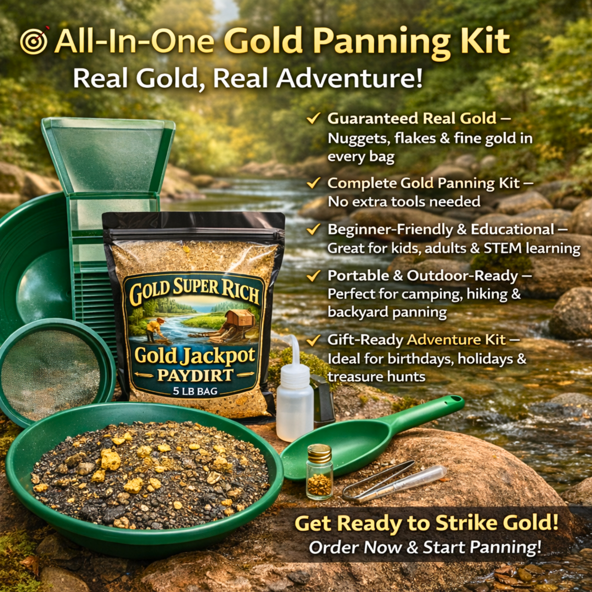 All-in-one gold panning kit with real gold paydirt and beginner tools displayed outdoors