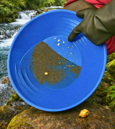 Blue gold pan revealing fine gold particles after washing paydirt