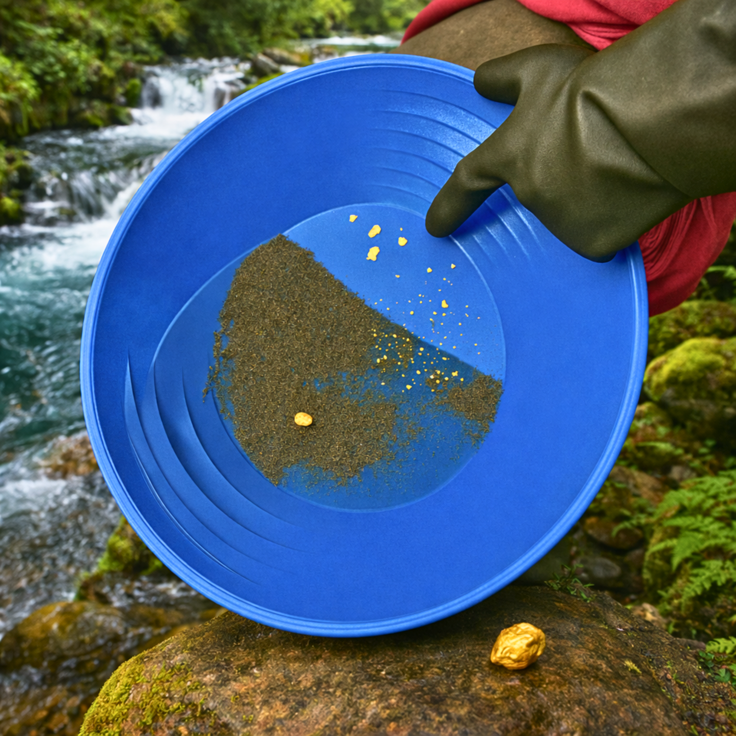 Blue pan revealing fine gold and mixed gemstones after washing paydirt