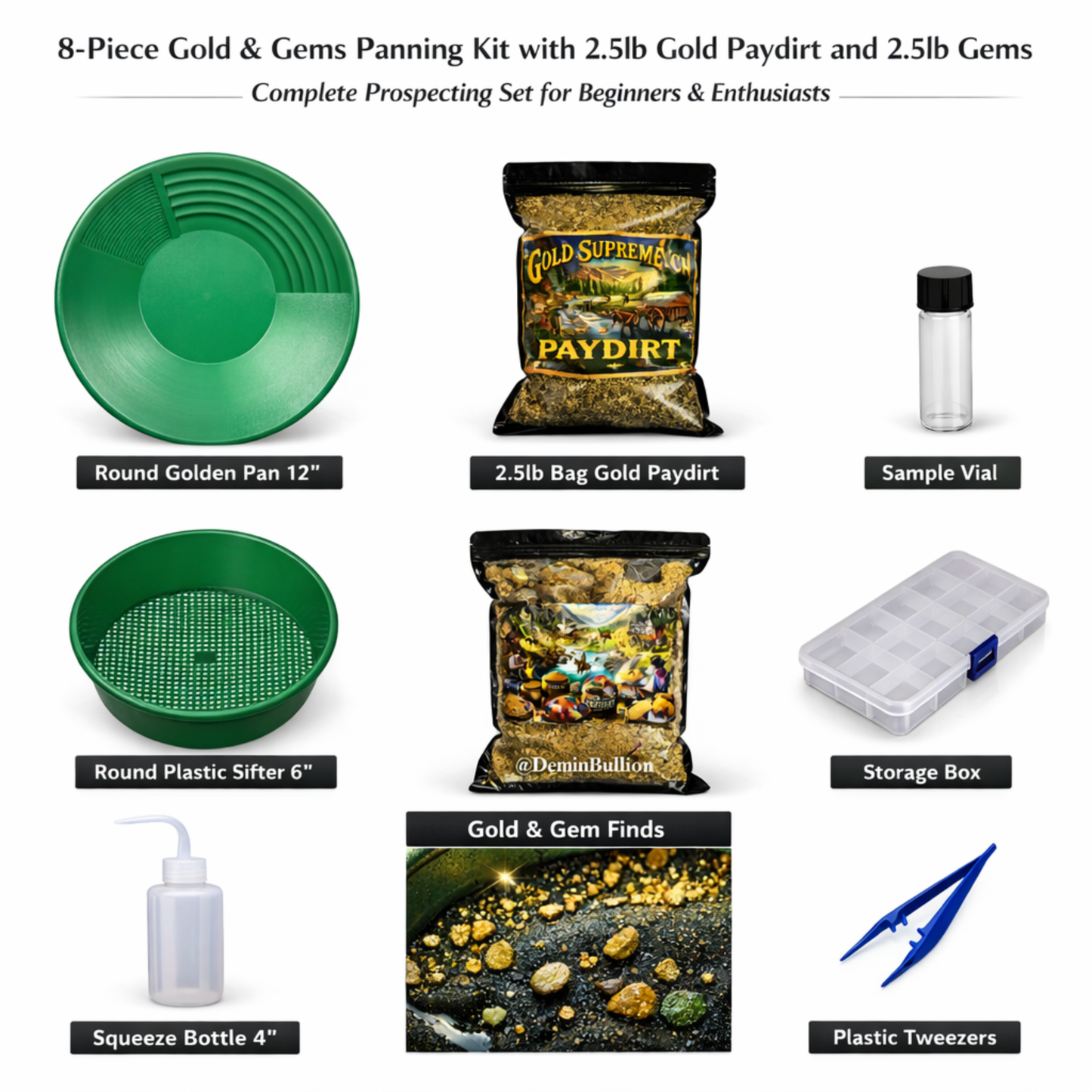 Close-up of gemstone-rich paydirt mixed with real gold flakes