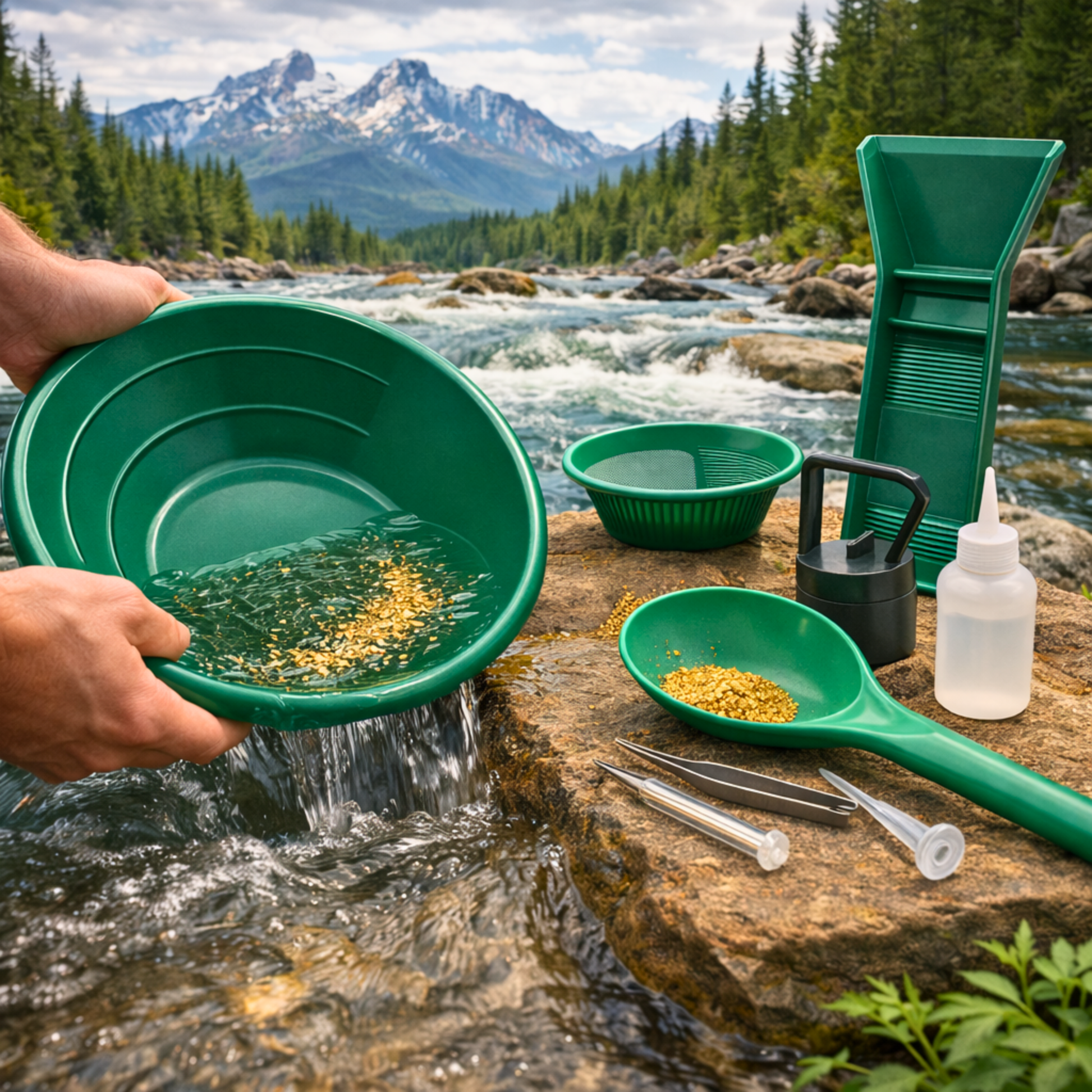 Compact sluice gold panning kit in use at a mountain river with dual riffle gold pan and mini sluice box