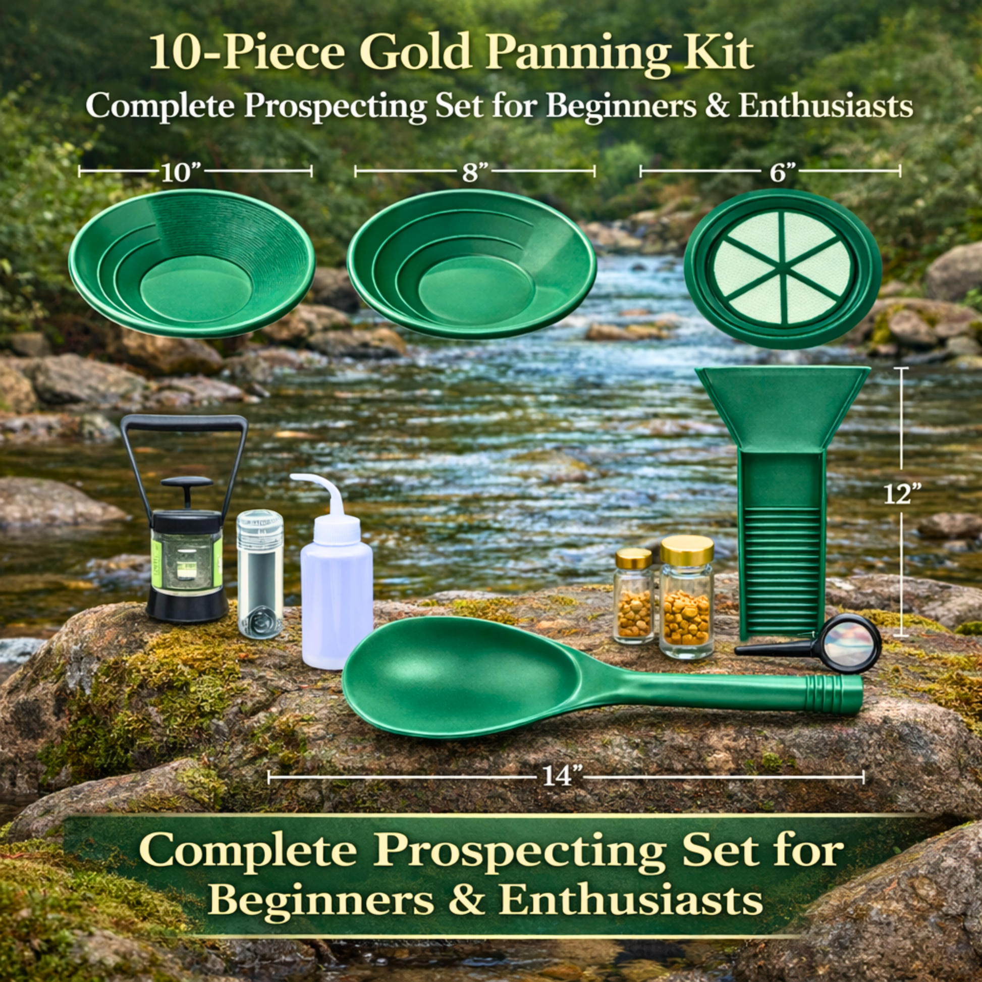 Complete gold panning kit for beginners including pans, sluice box, scoop, and accessories