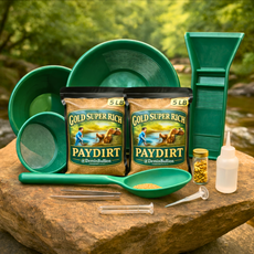 Complete gold panning kit with two 5 lb paydirt bags and green prospecting tools