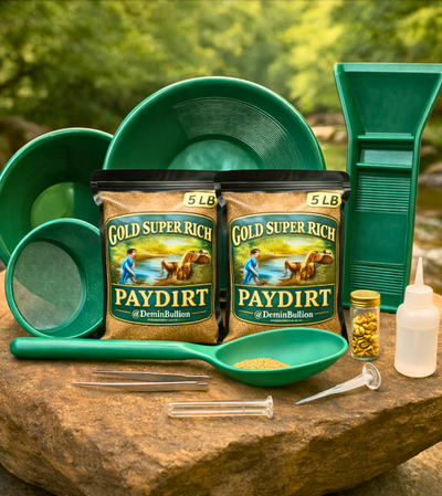 Complete gold panning kit with two 5 lb paydirt bags and green prospecting tools