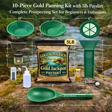 Complete gold panning starter kit with pan, sifter, vial, and enriched paydirt