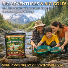 Family enjoying gold panning adventure with real paydirt and green pans