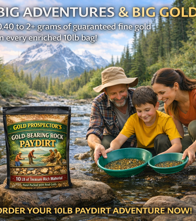 Family enjoying gold panning adventure with real paydirt and green pans