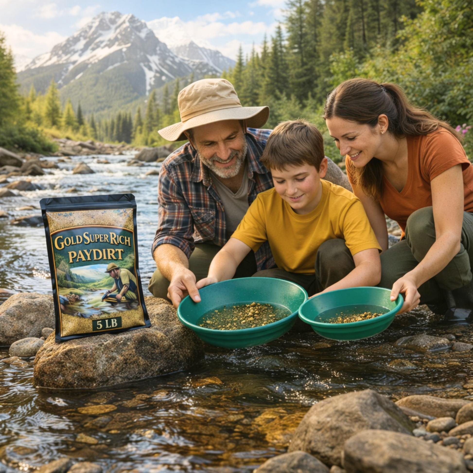 Family gold panning experience using real gold paydirt in natural creek setting