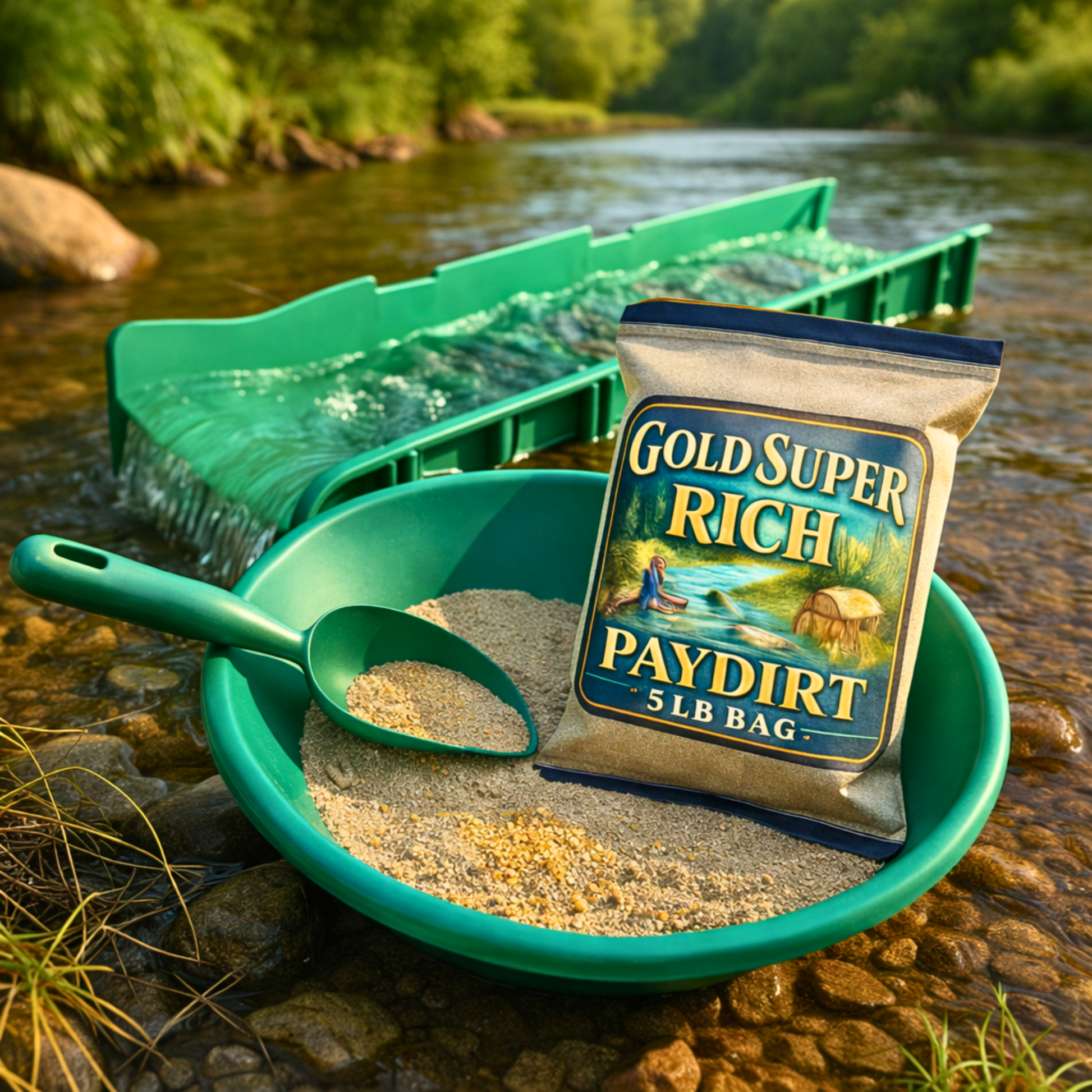 Gold paydirt kit with green pan and tools prepared for outdoor prospecting adventure
