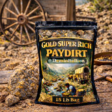 Gold Super Rich Paydirt 15 lb bag with vintage wagon and historical mining atmosphere