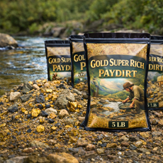 Multiple Gold Super Rich Paydirt bags shown at rocky river prospecting location