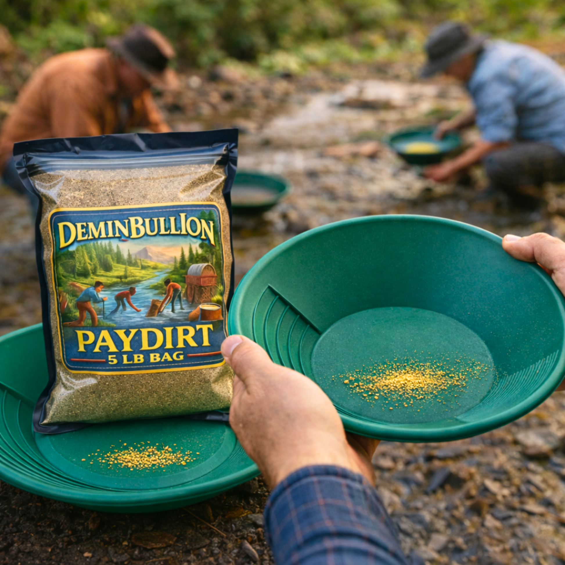 Gold paydirt bag with green gold pan and real gold flakes outdoor prospecting scene