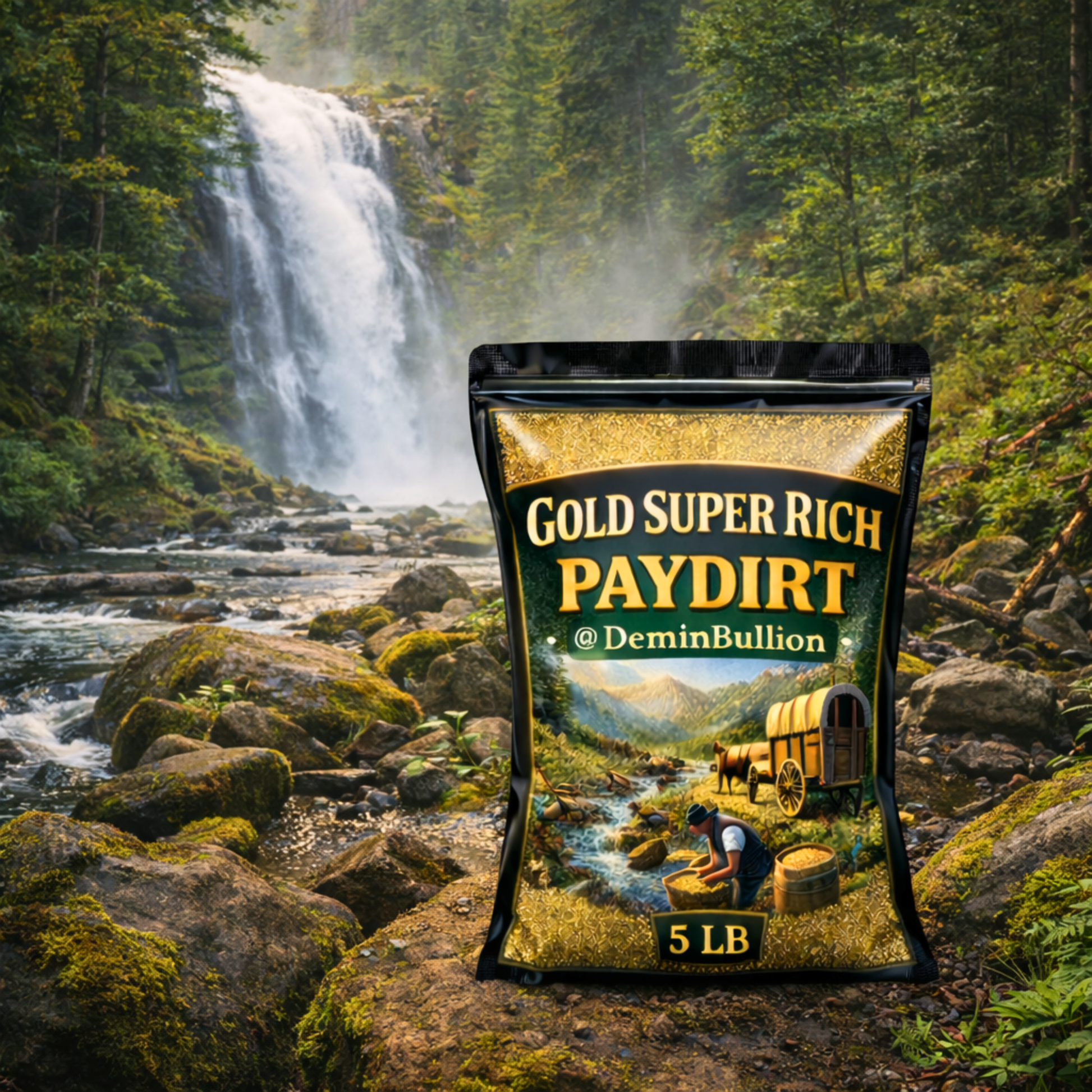 Gold Super Rich Paydirt bag near waterfall highlighting authentic gold mining experience