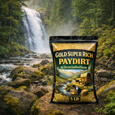 Gold Super Rich Paydirt bag photographed near waterfall in natural setting