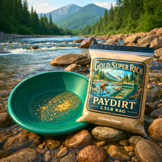 Green gold pan with visible gold flakes next to Gold Super Rich Paydirt bag