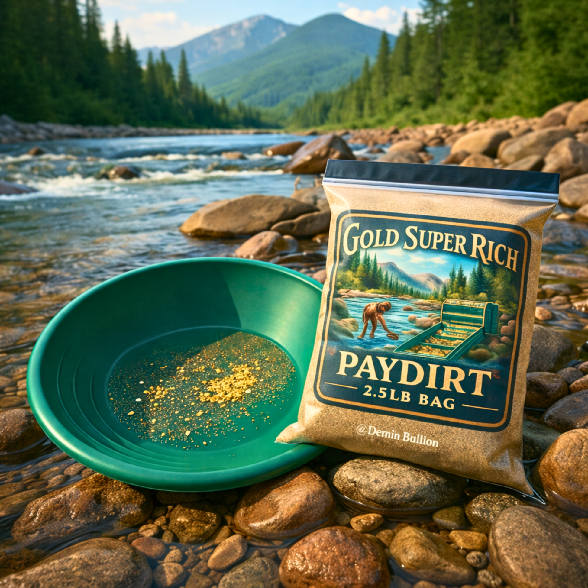 Green gold pan with visible gold flakes next to Gold Super Rich Paydirt bag