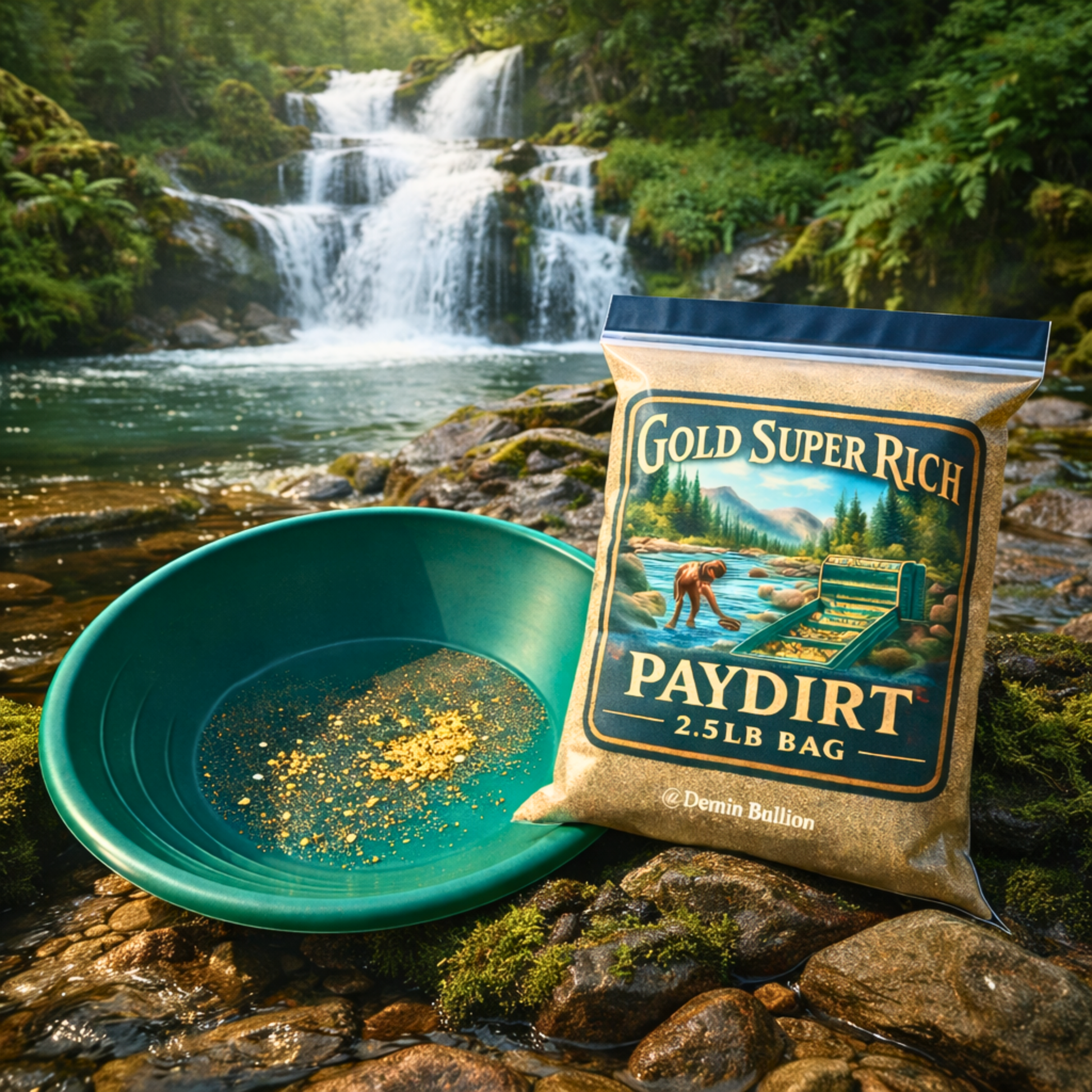 Gold Super Rich Paydirt bag with green pan photographed near waterfall
