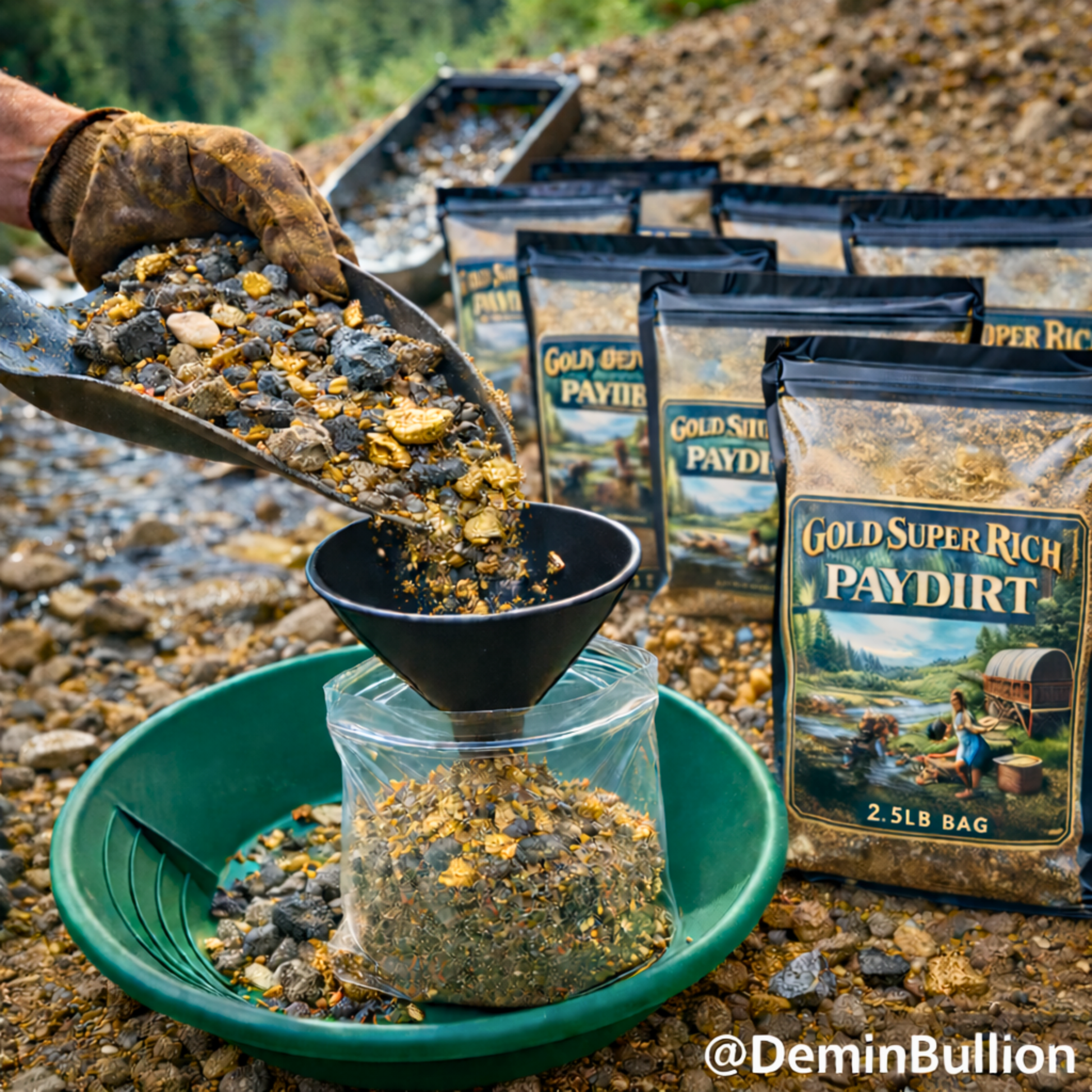 Gold paydirt washing process using classifier and green pan with visible gold flakes