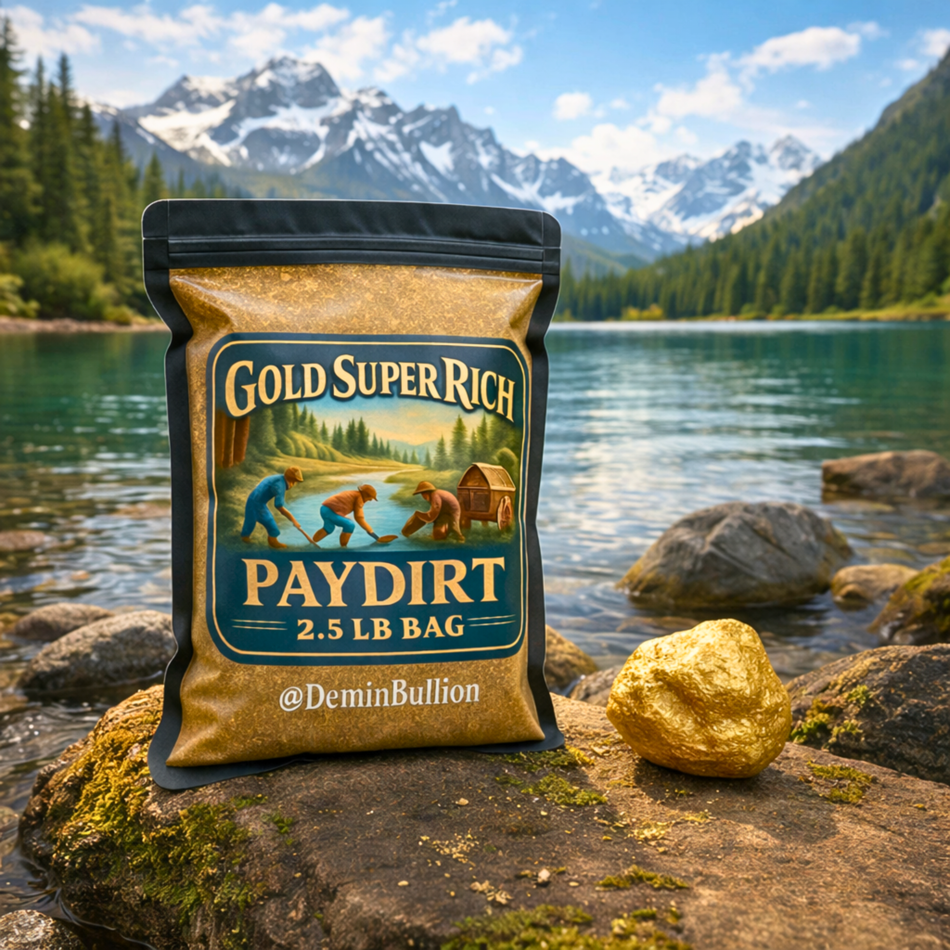 Gold Super Rich Paydirt bag with real gold nuggets photographed in alpine landscape