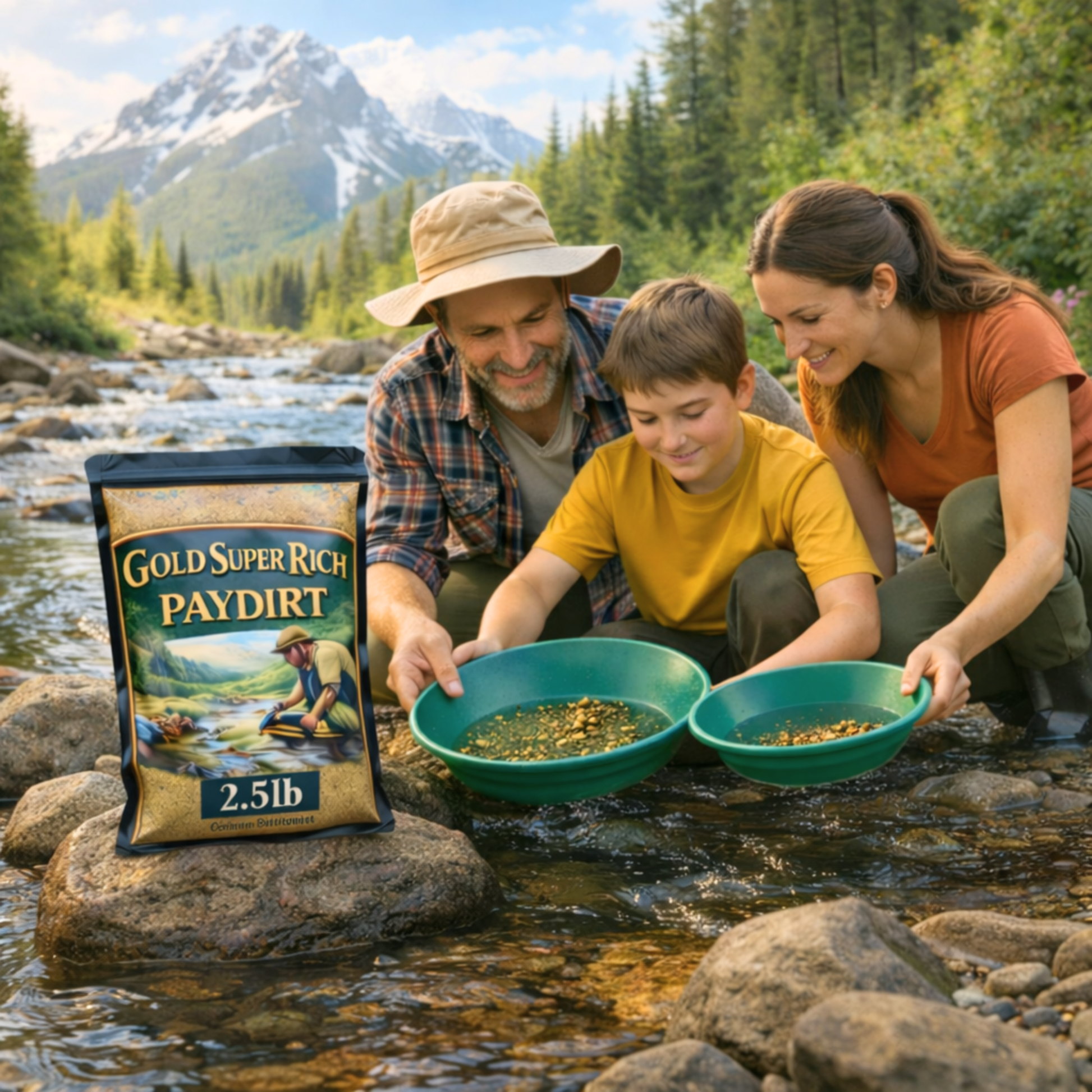 Family gold panning together using Gold Super Rich Paydirt in mountain river
