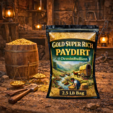 old Super Rich Paydirt 2.5 lb bag displayed in rustic mining cabin environment