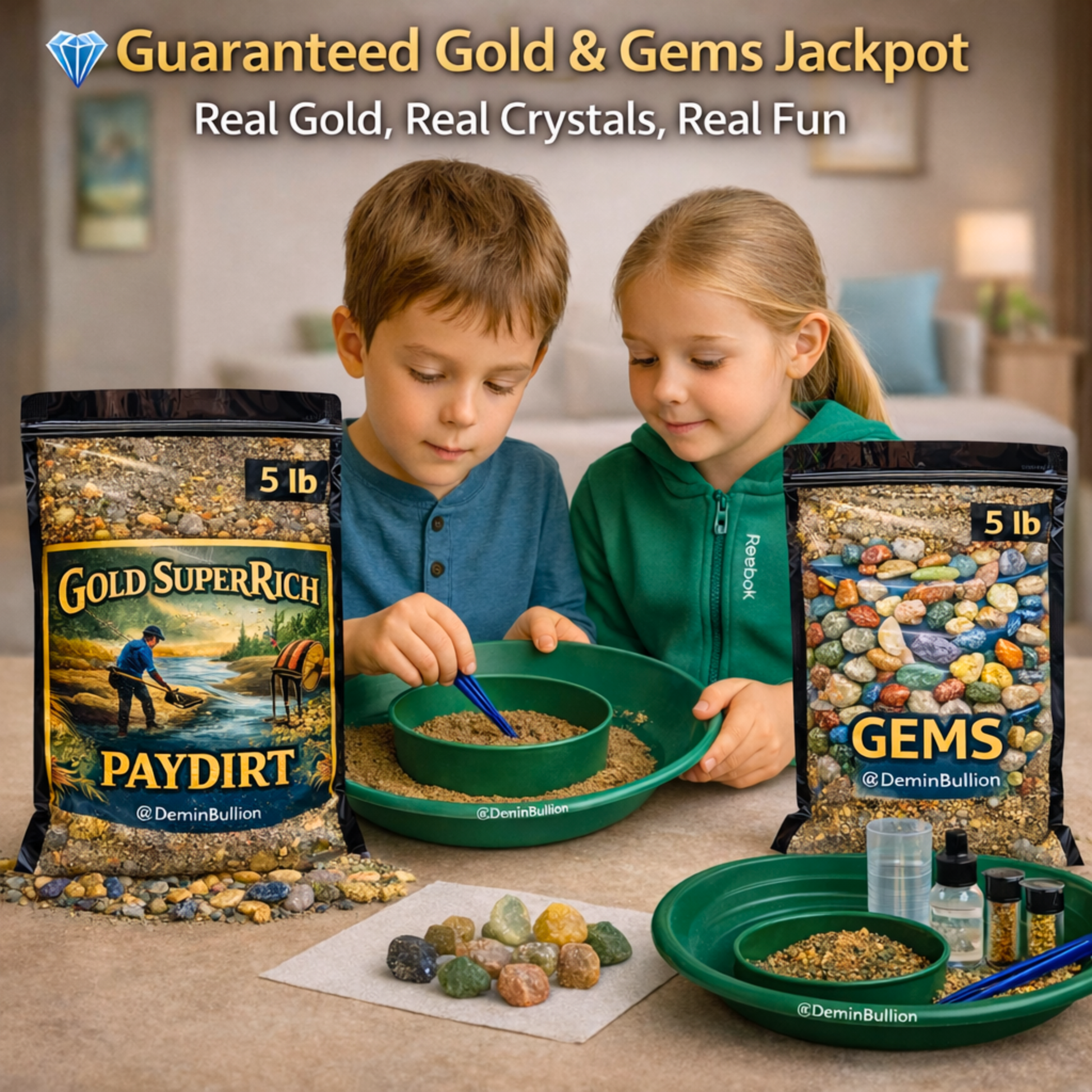 Gold and gems paydirt filtered through classifier during hands-on prospecting