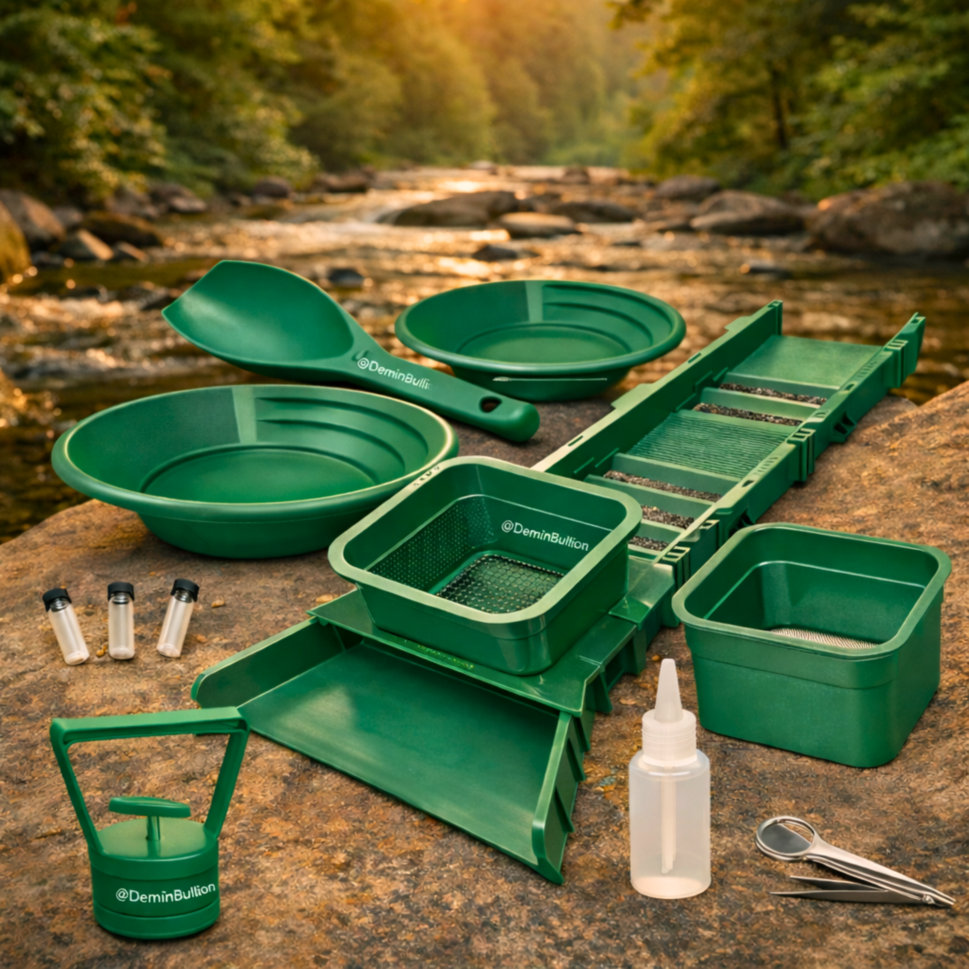 Gold panning equipment including sluice box, classifier, and gold pans