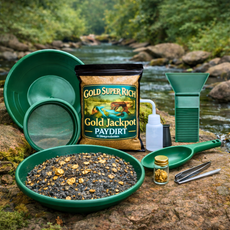 Gold paydirt bag staged near waterfall highlighting natural prospecting theme