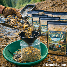 Gold paydirt classified through funnel into pan showing realistic mining process