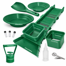 Green gold pans and modular sluice box capturing fine gold