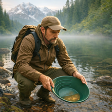Hands panning enriched gold paydirt in green pan revealing fine gold particles