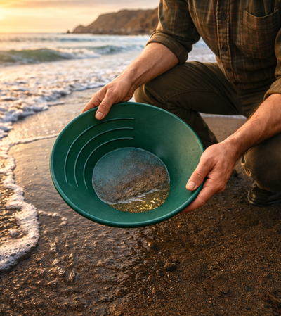 Hands swirling green gold pan to separate fine gold from gravel