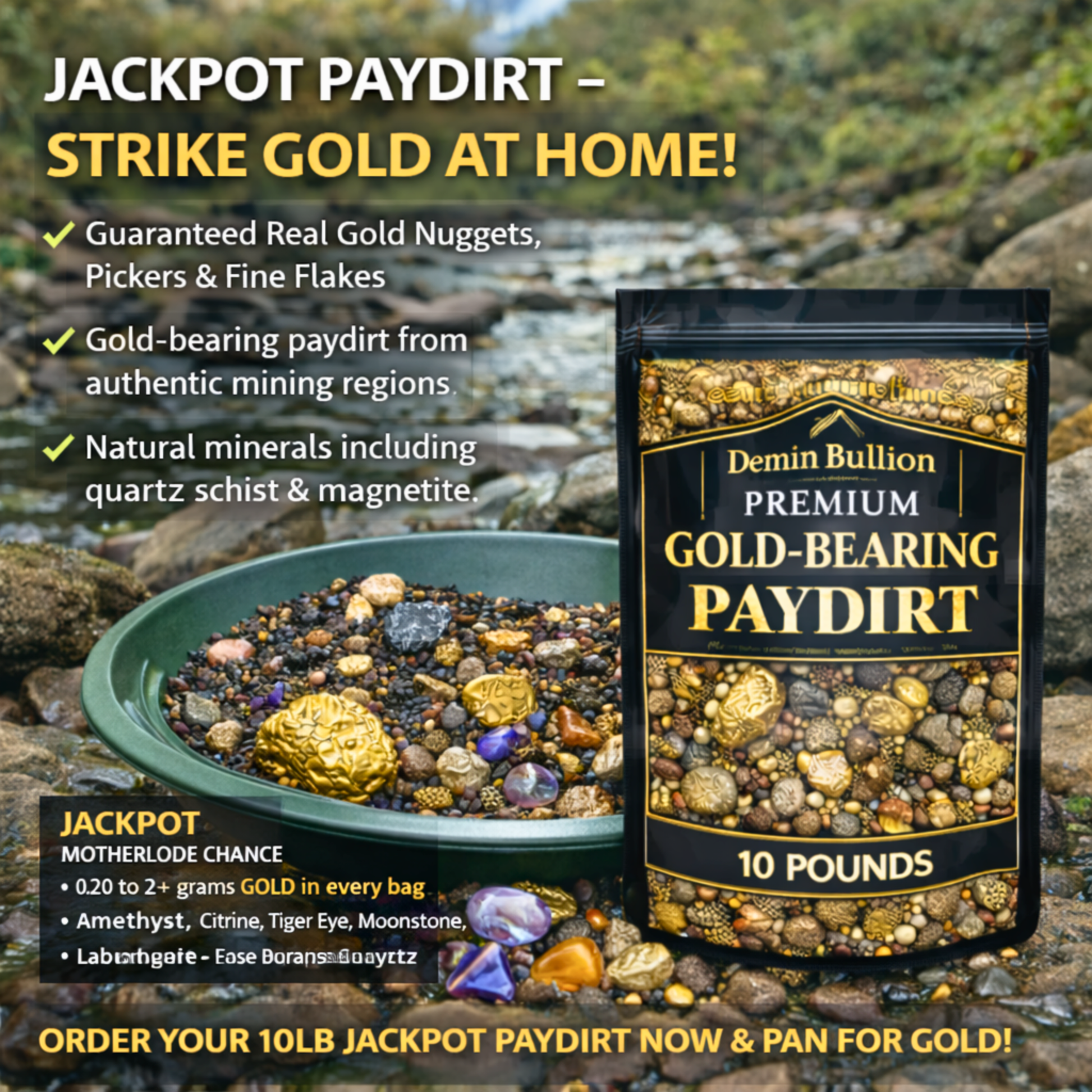 Jackpot gold paydirt product image highlighting real gold flakes and nuggets