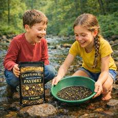 Kids learning gold panning skills with real paydirt during outdoor activity