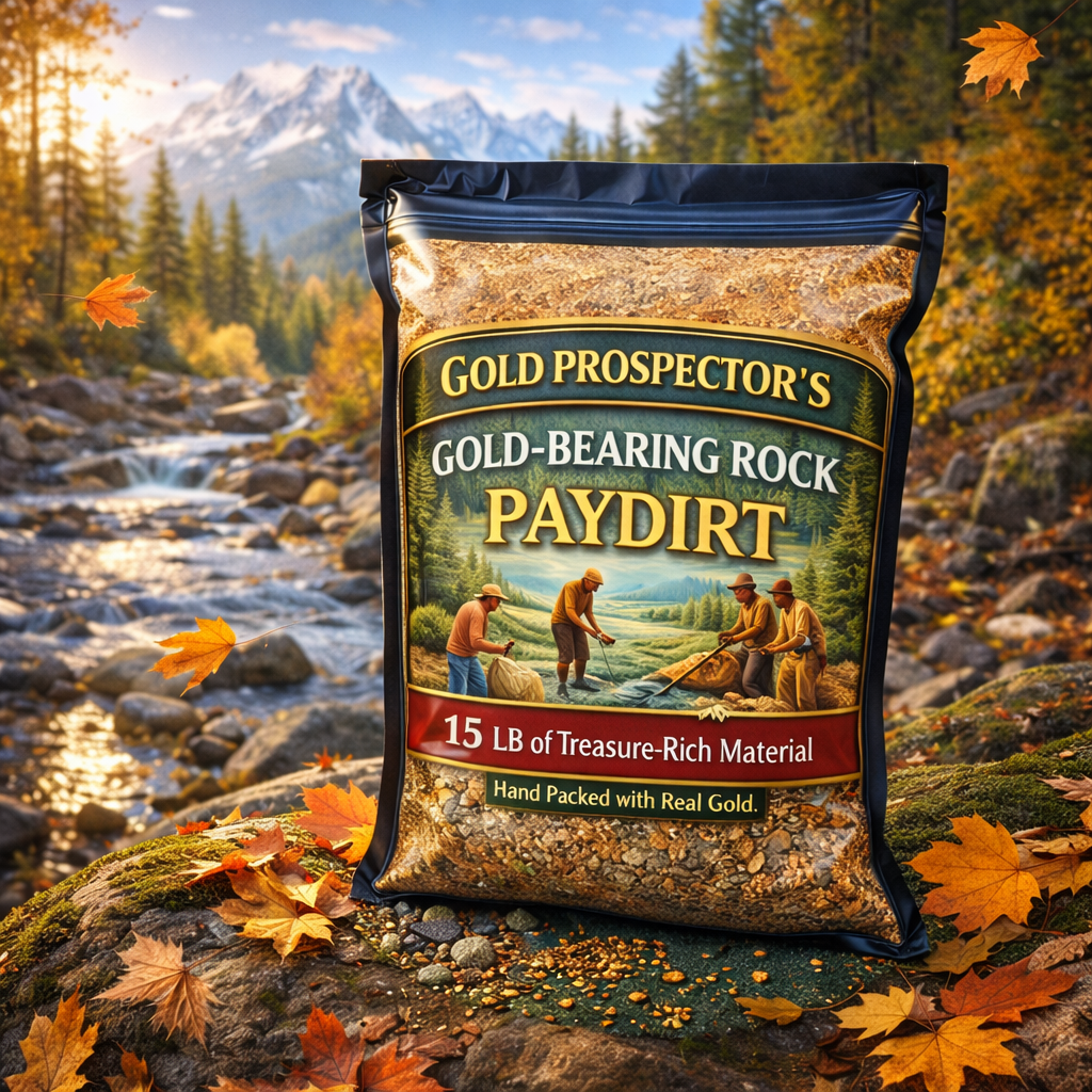 Large 15 lb gold-bearing rock paydirt bag staged in natural autumn mountain setting